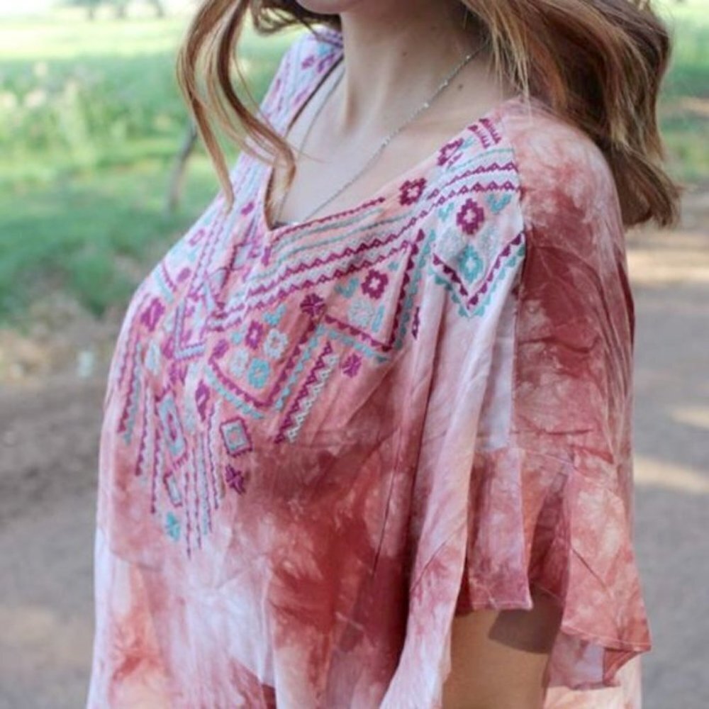 Red Pink White Tie Dye Embroidered Loose Fit Top